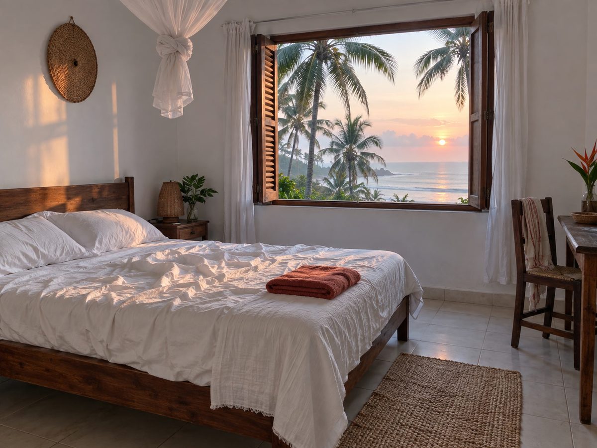 Simple dawn-lit bedroom with a window open onto coconut palms and pale sea