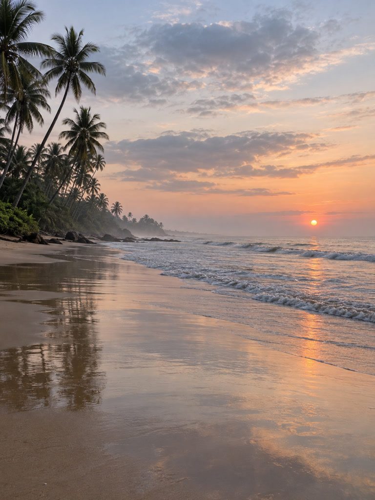 Urawatta beach at sunrise, coconut palms and a pale peach sky over a quiet Indian Ocean