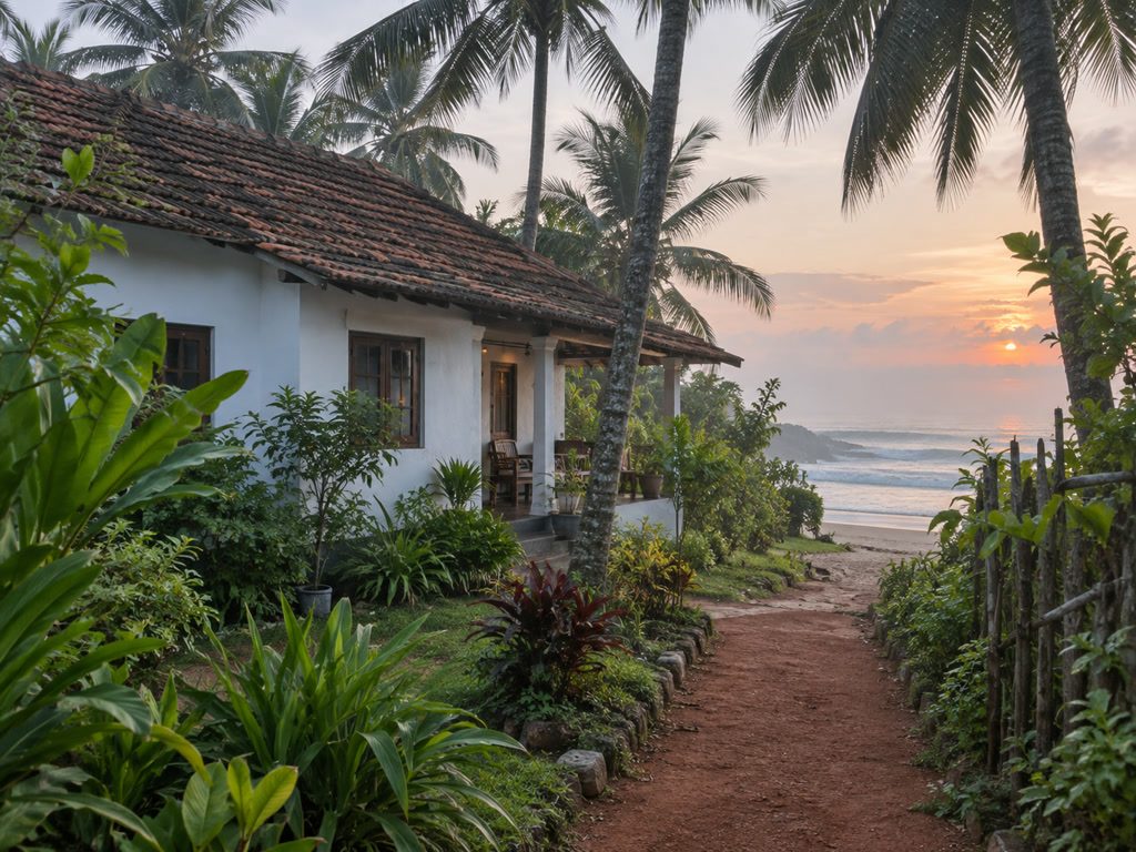 Small whitewashed beach house with a clay-tile roof, garden path to private sand, dawn light
