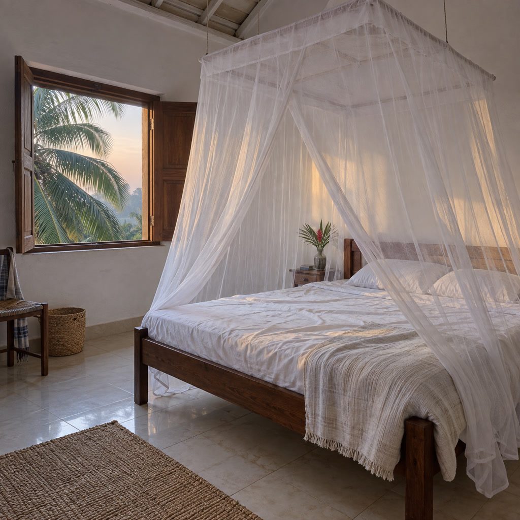 Simple non-AC bedroom with mosquito net, tiled floor and a window onto palm fronds at sunrise
