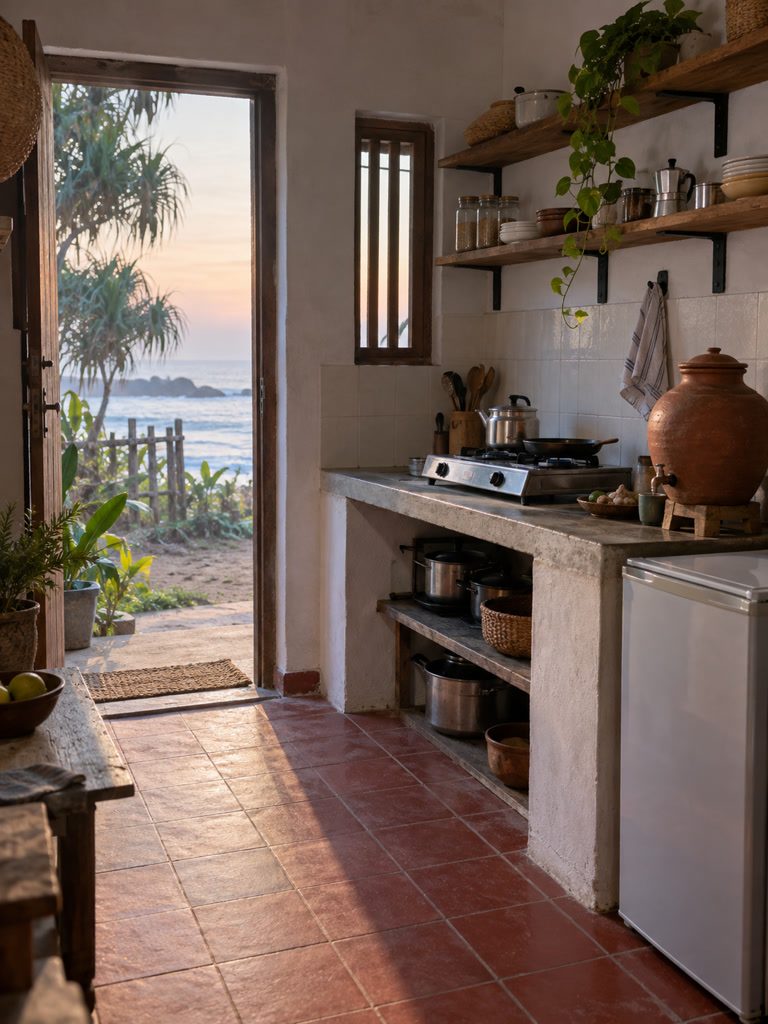 Shared kitchen with a gas cooker, fridge and clay water jug, morning light on laterite-red tiles
