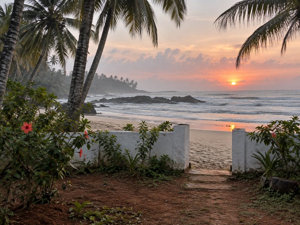 Private beach garden with laterite soil, hibiscus and a low wall opening onto wet sand