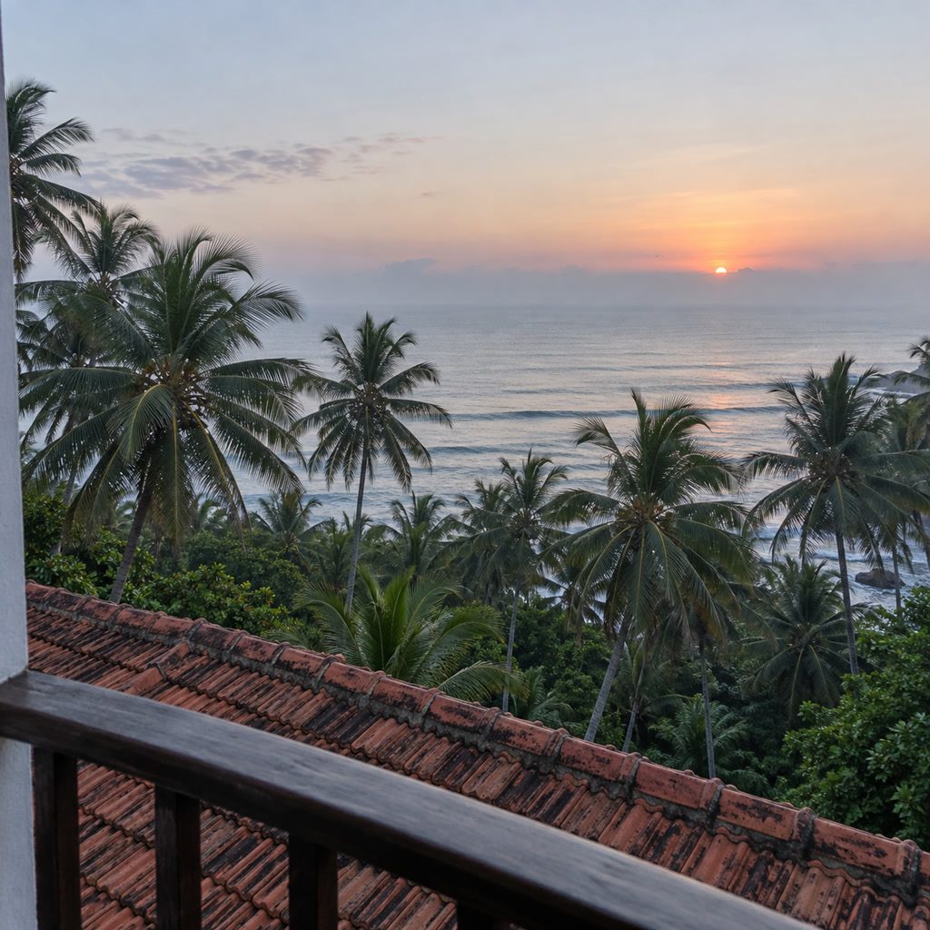 Deluxe room balcony looking east over coconut palms to a calm grey-pink sea
