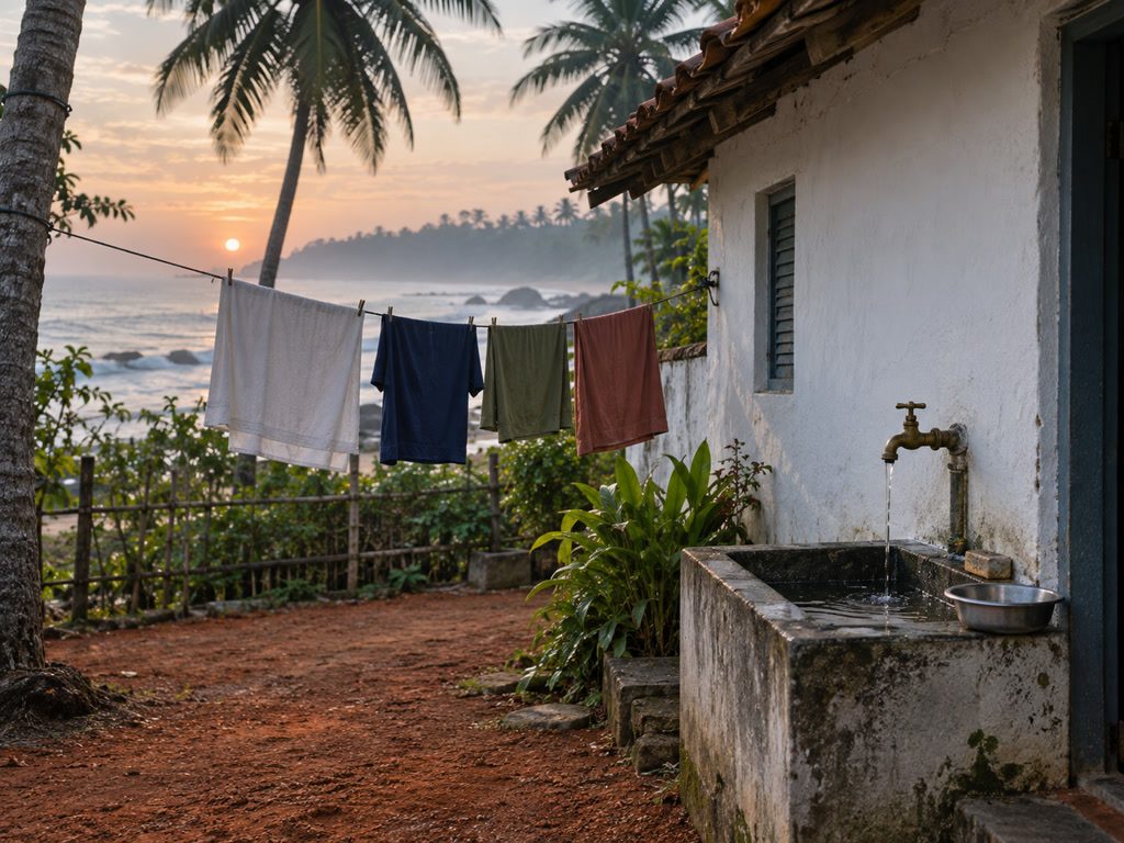 Washing line and outdoor tap beside a small Sri Lankan beach house at dawn