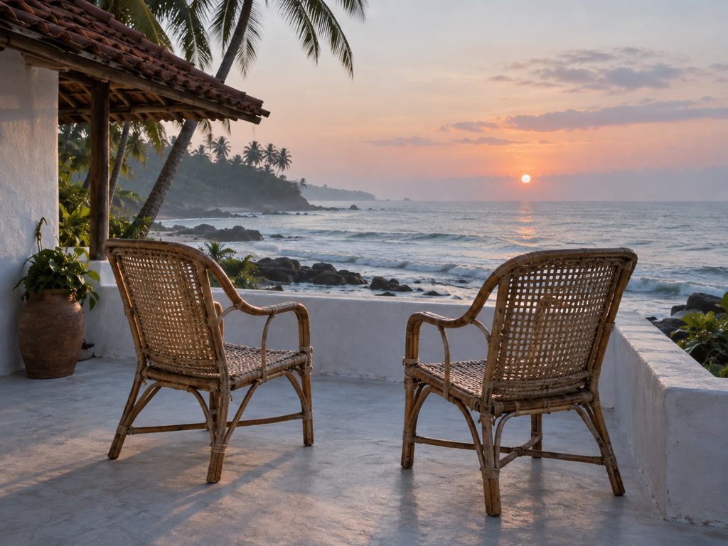 Empty cane chairs on a sun terrace facing the water, first light on the horizon